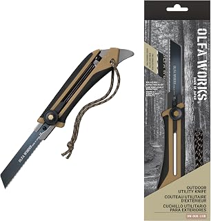 OLFA WORKS OW-OUK-1/SB Outdoor Utility Knife, Fine Serrated Edge Blade for Confident Cutting - Multi Purpose Outdoor Knife Designed to Handle Slippery Materials like Rope, Plastic, and Canvas - Ratchet-wheel lock, Replacement Blade: OWB-OKB-1/3B (Sand)