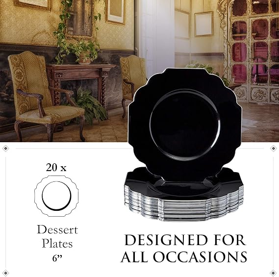SILVER SPOONS Elegant Plastic Plates for Party with Scalloped Rim (10 PC), Disposable Heavy-Duty Dessert Plates for Wedding Reception - 6, Fancy Plastic Dinnerware Sets with Silver Edge - Black
