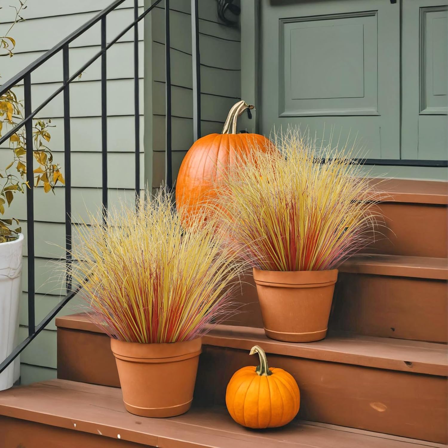 32 Bundles Artificial Fall Plants Outdoor Fake Shrubs Autumn Wheat Grass 20 Inch Fall Greenery Stems Tall Onion Grass UV Resistant Faux Bushes Plant for Garden Farmhouse Thanksgiving Fall Decor - Image 5