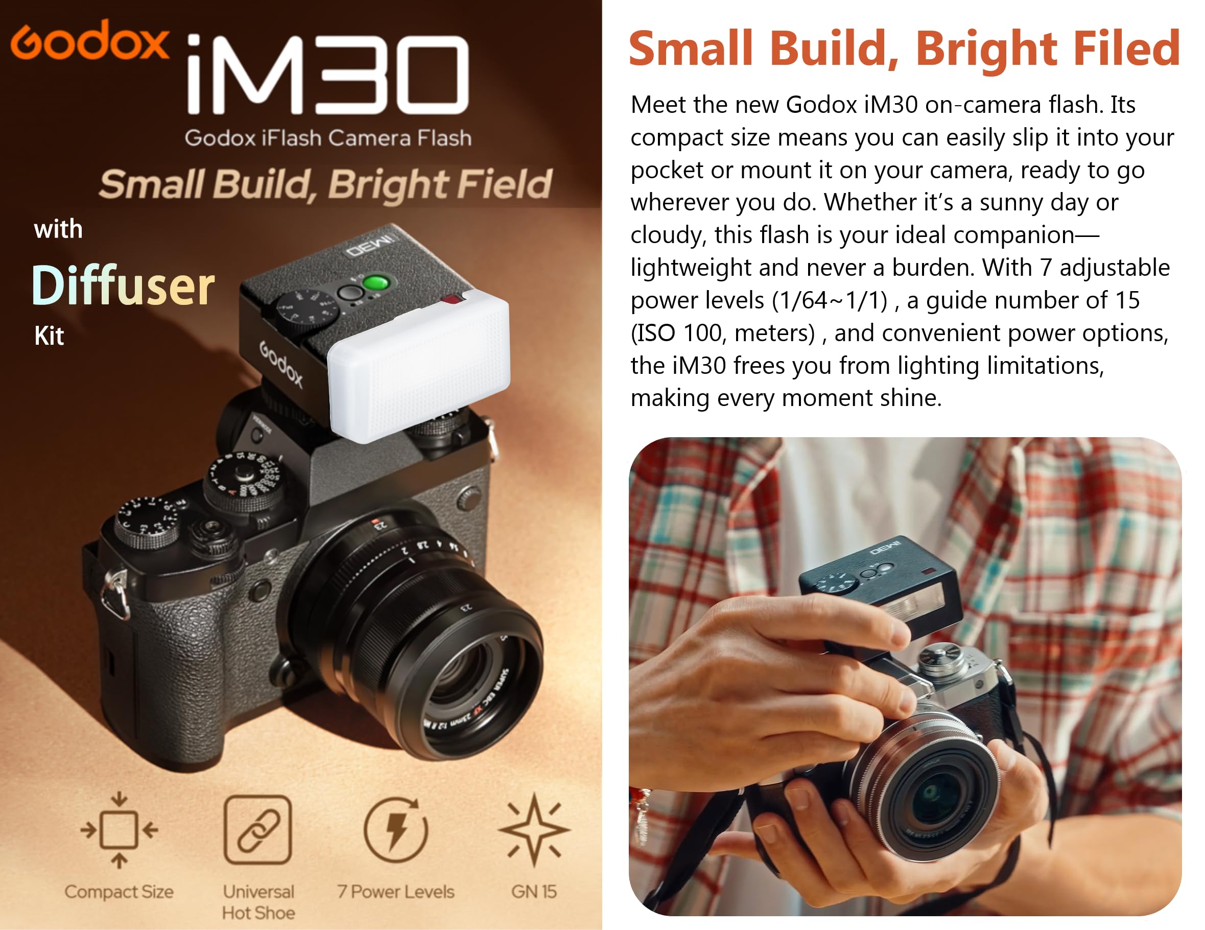 Amazon.com : Godox iM30 Mini Flash Camera Flash with Diffuser, GN