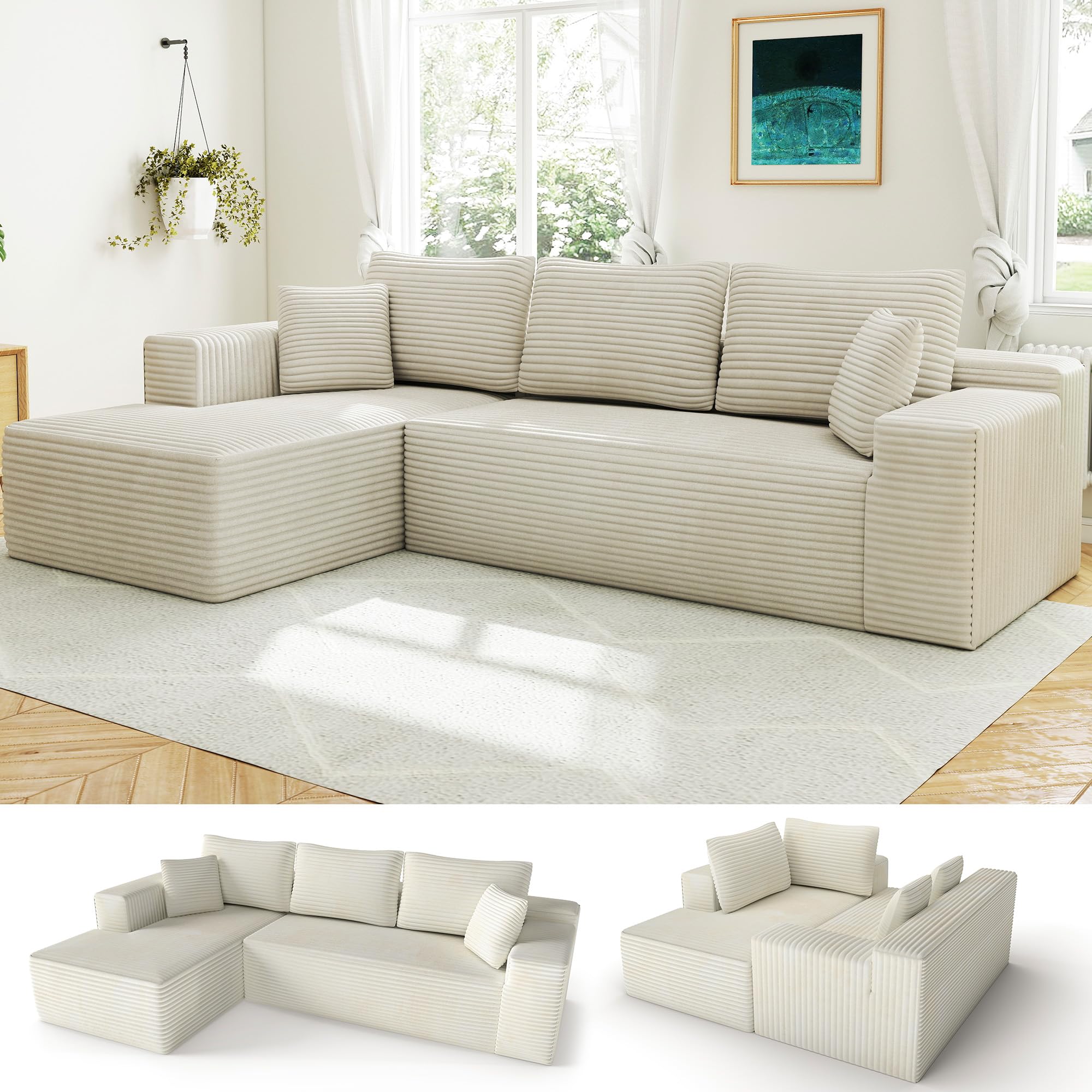 KOBY HOME 104" Cloud Sectional Couch with L-Shaped Chaise,Modern Modular Sectional Sofa,Corduroy Boneless Couches for Living Room Bedroom,No Assembly