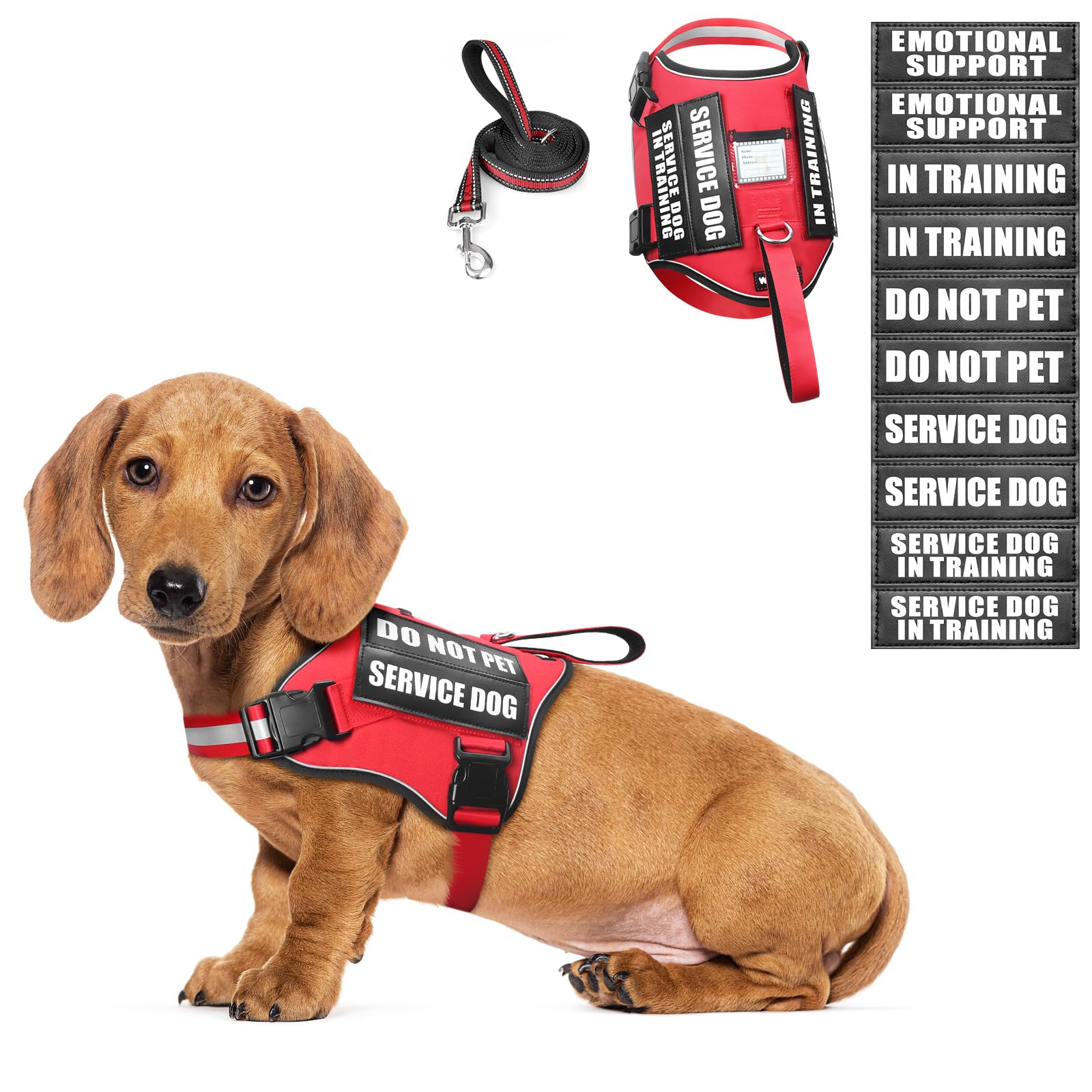 WINSEE Small Dog Harness & Leash Set, Red, X-Small, Nylon, Emotional Support Therapy Vest with 10 Patches, Breathable, Adjustable, for Service Dog