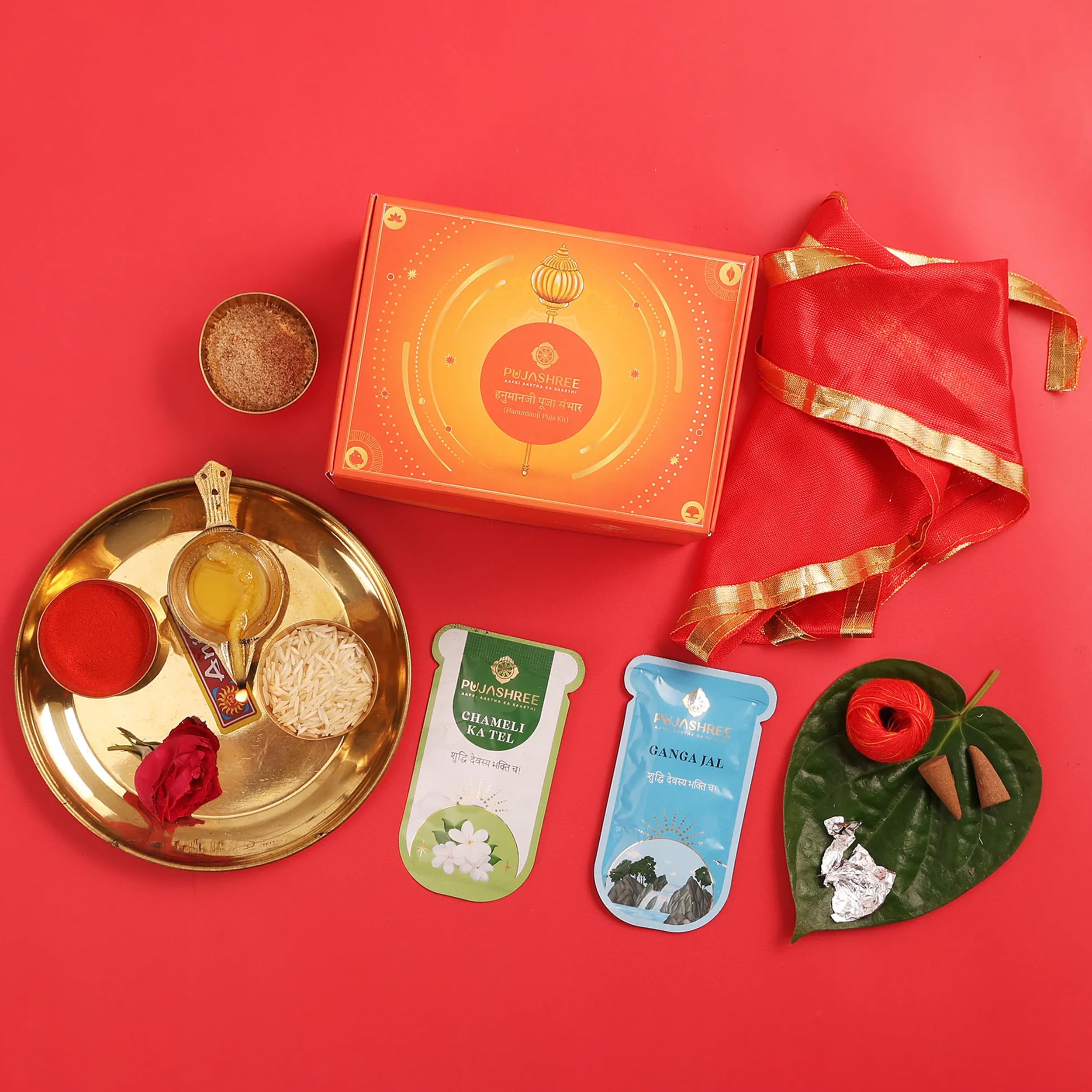 Pujashree Natural Hanumanji Puja Kit | Complete Puja Set With Chameli Ka Tel, Chandi Ka Vark, Ganga Jal, Jaggery Powder & More | Authentic Ingredients For Devotion And Protection