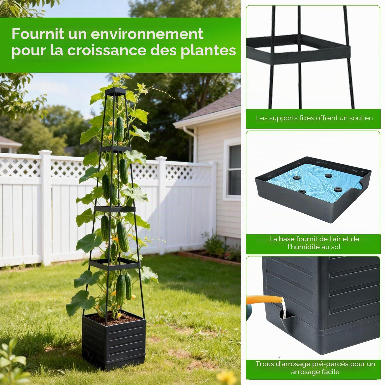 Jardinière surélevée avec Treillis, Auto-arrosante, Cage à tomates pour légumes grimpants - Convient aux patios, aux serres, à l'intérieur/extérieur（2Pc）