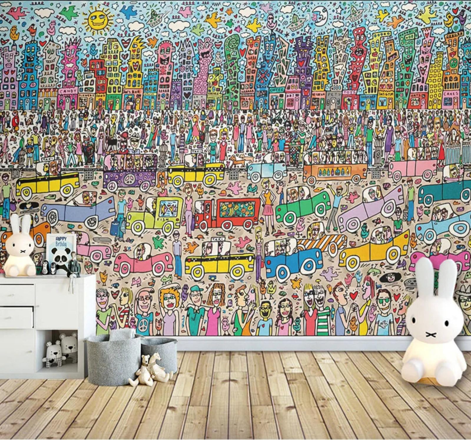 Cartoon Colour Doodle People Cars Personalised 3D Wallpaper Easy Install Feature Office Living Room Sofa Bedroom TV Background Wall Decoration-350cm×256cm