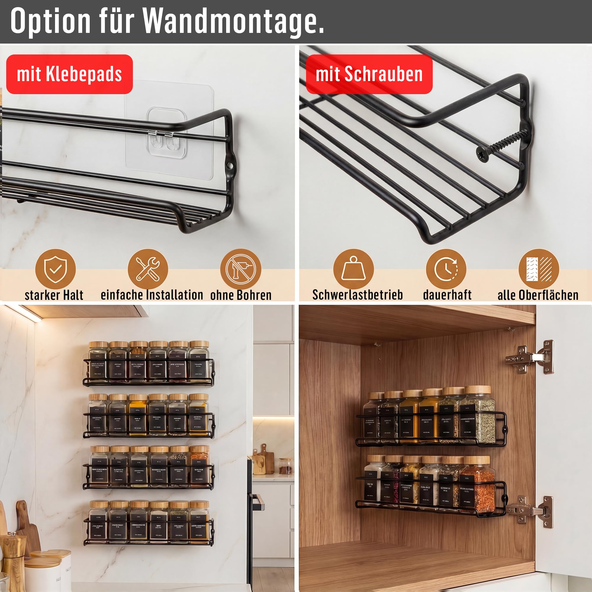Deco haus® Gewürzregal Wand ohne Bohren [MIT 24 GEWÜRZGLÄSER & ETIKETTEN] - Gewürzregal Hängend 4er Set - Gewürzhalter Wand - Gewürzregale Schranktür zum Kleben - Spice Rack Organizer