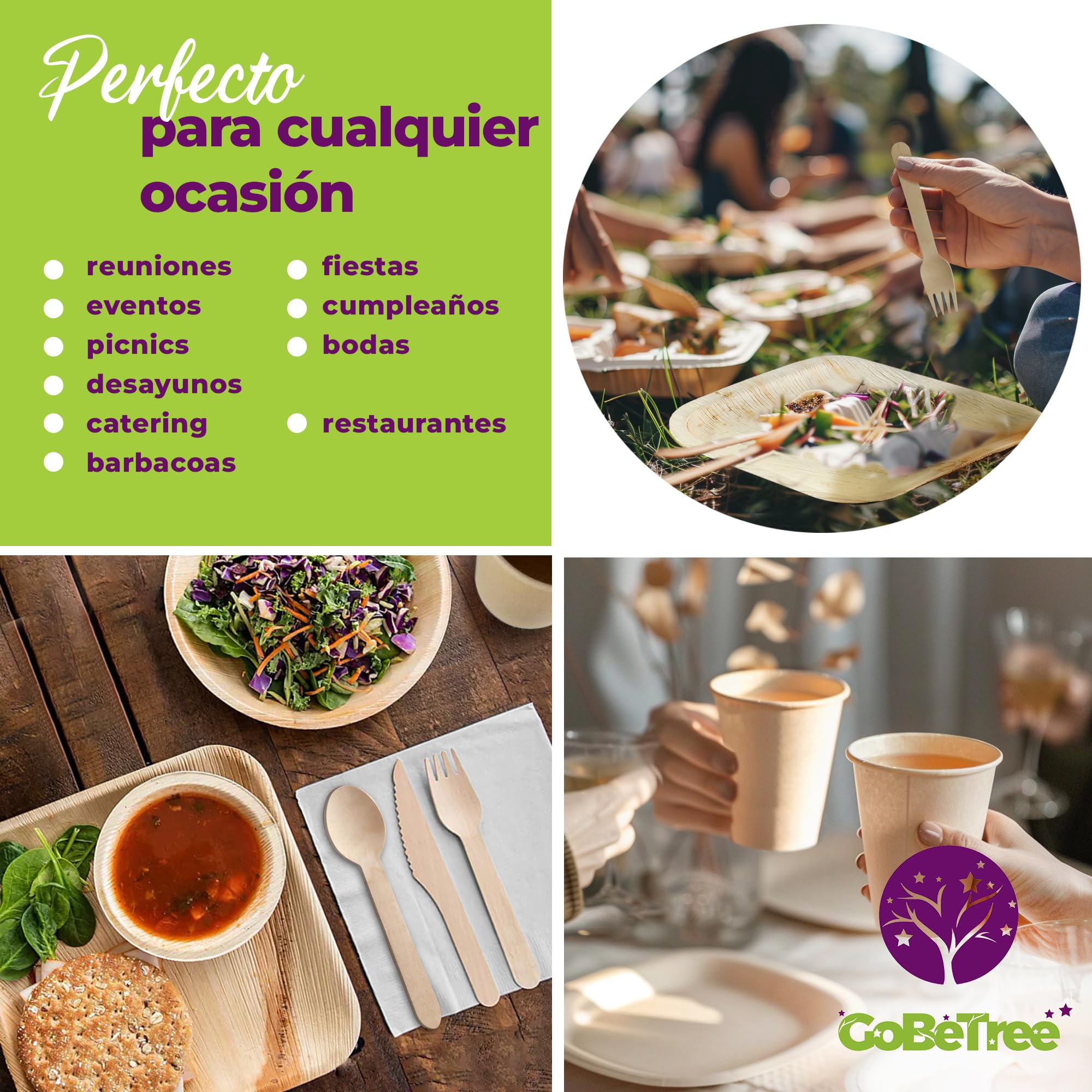 GoBeTree Vajilla Desechable Hoja de Palma 180 Piezas para 25 Personas. Set Completo con Platos, Vasos, Cubiertos y Servilletas para Cumpleaños, Catering y Buffet — Look Similar al Bambú