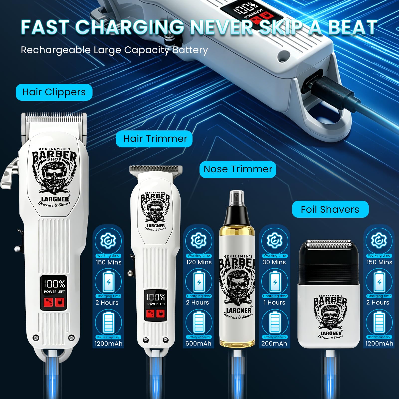 Cortapelos profesional inalámbrico recargable hombre, recortadora barba afeitadora eléctrica LCD 8 peines guía kit