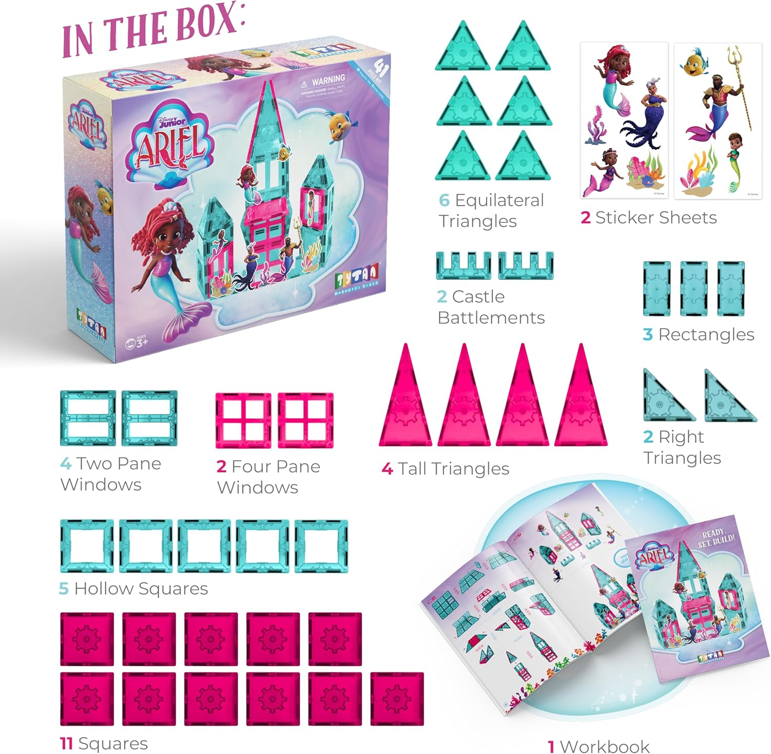 Tytan Official Disney Junior Ariel Magnetic Tile Set – 41-Piece STEAM Building Toy with Reusable Stickers & Workbook – Undersea Adventures for Kids Ages 3+