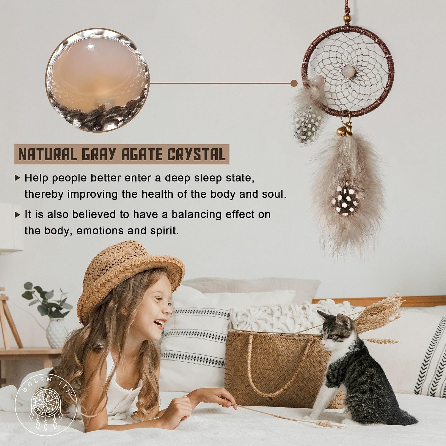 Mini Dream Catchers - Pearl Chicken Feather with Grey Agate Healing Crystal, Handmade Small Dreamcatcher for Bedroom, A Dream Catcher for Girls, Dream Catchers for Boys, Dream Catcher Wall Decor