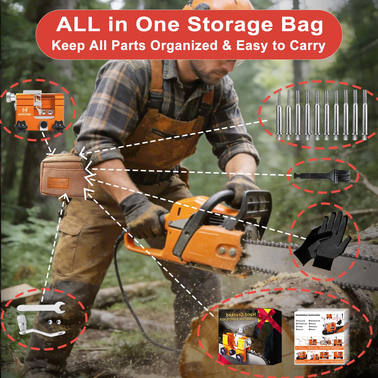 Kit per affilare motosega con borsa per il trasporto, strumento per affilare motosega con 10 acciai per affilare affilatrice portatile a manovella per motosega, accessori per affilatura per