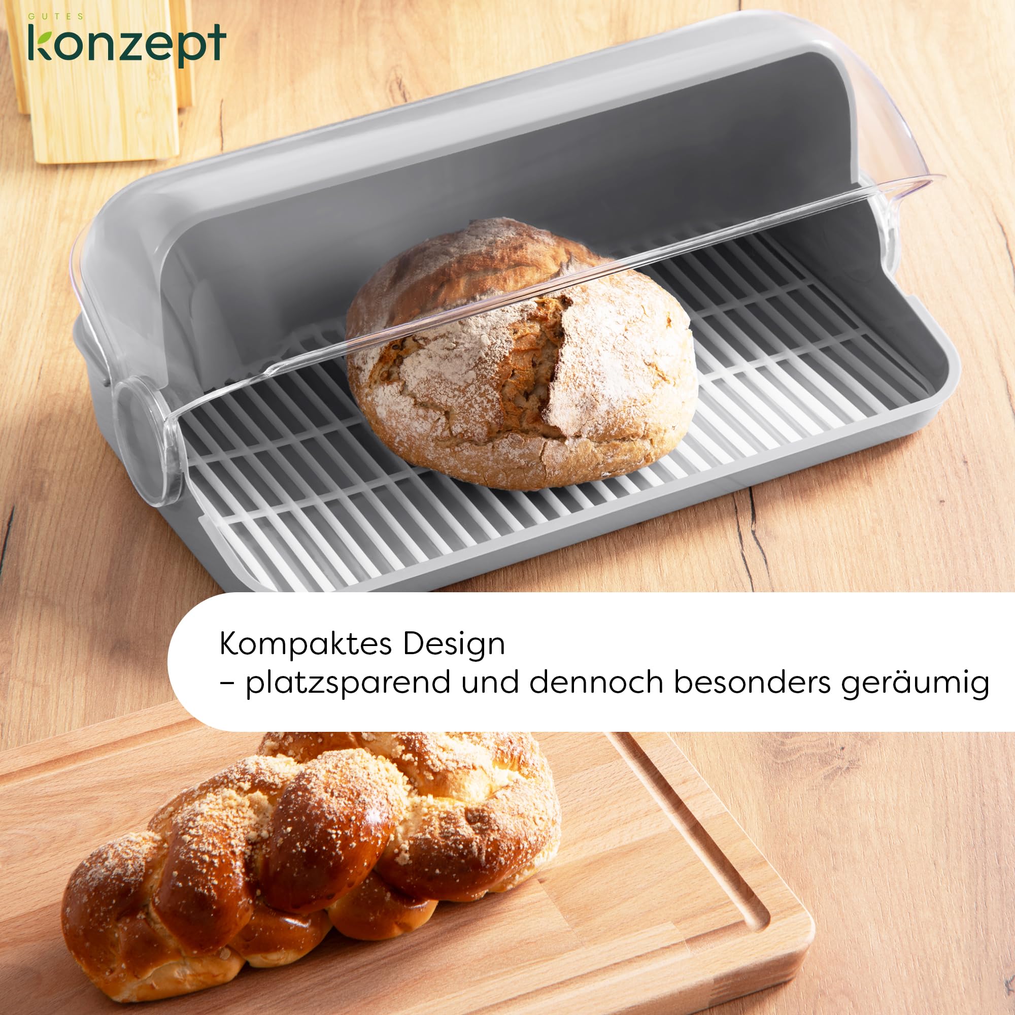 KONZEPT Contenitore Per Pane In Plastica: Scatola Porta Pane Trasparente 42x18.5x26 Cm - Capiente E Con Griglia, Per Pane E Panini (Colore Tortora) - 5