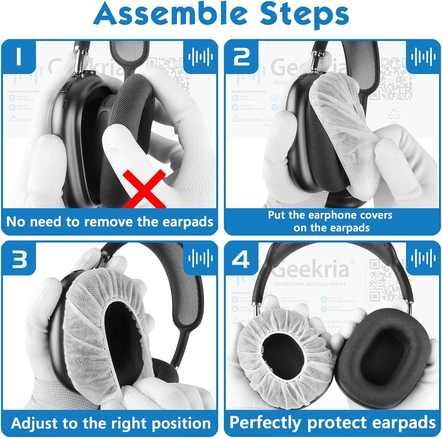 Geekria 100 Pairs Disposable Headphones Ear Cover for Apple Airpods Max, Beats Studio 3, Bose QC 35 II, Sony WH-1000XM6 Headset Earcup, Stretchable Sanitary Cushion Protector (M/White)