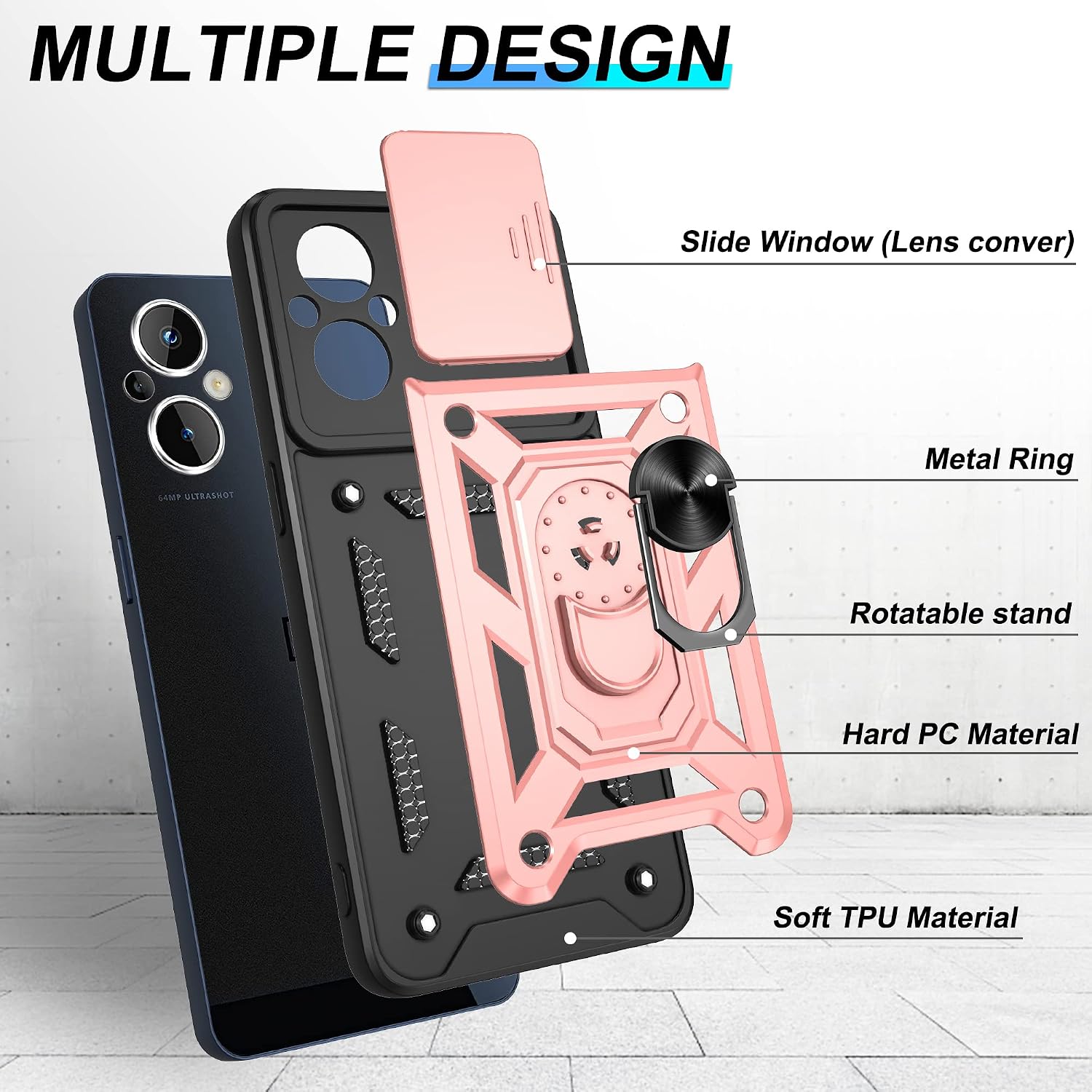 ATUMP for OnePlus Nord N20 5G Case with HD Screen Protector, Heavy Duty Shockproof Protective Case with Metal Kickstand [Military Grade] Protective Case for OnePlus Nord N20 5G, Rose Gold
