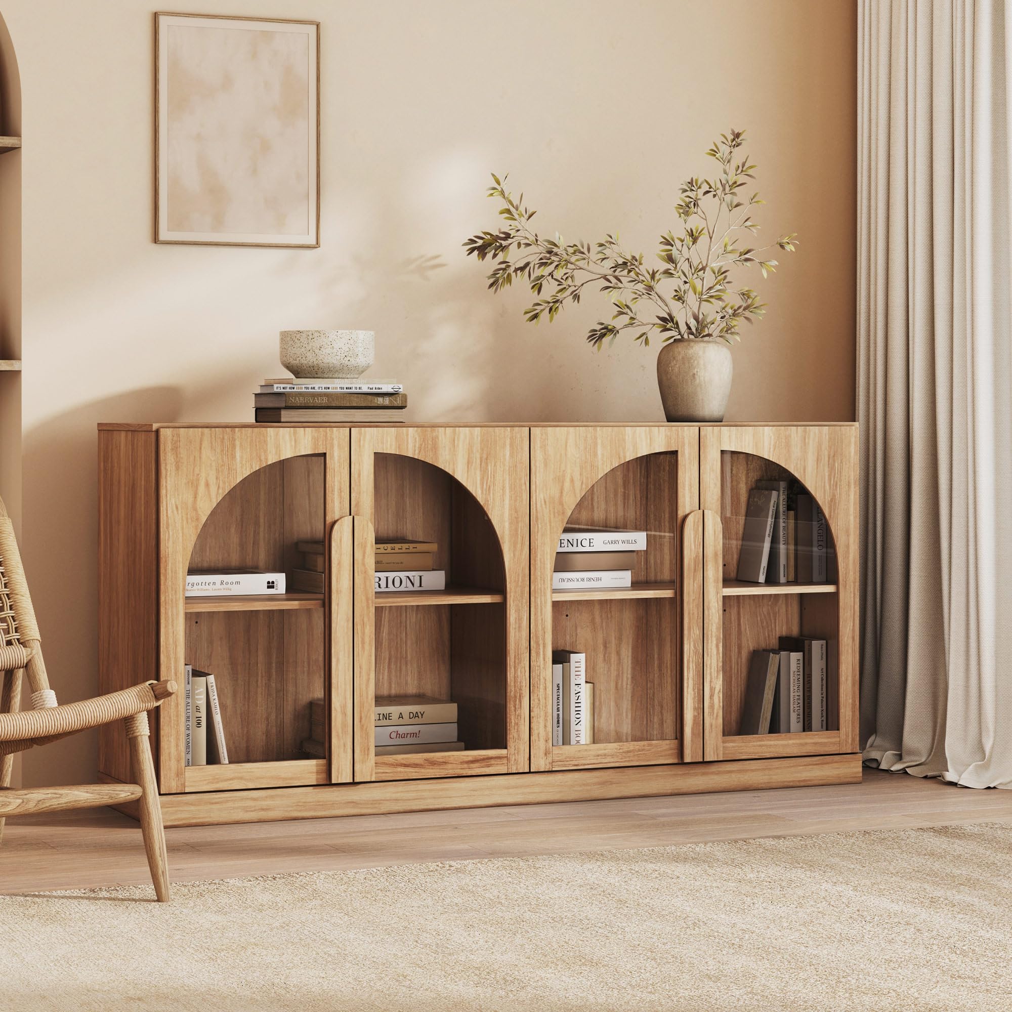 BELLEZE Bijou 64" Arched Glass Door Sideboard, Accent Buffet Cabinet with Storage and Adjustable Shelves, Classic Modern Large Console Table for Dining Room Living Room Entryway - Camel