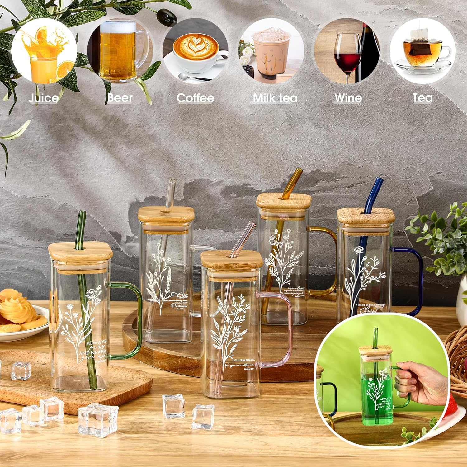 20pcs Easter Christian Glass Cup Gift for Women Bulk 13.5oz Bible Verse Tumbler with Handle Lid Straw Pastor Wife Religious Water Bottle Scripture Coffee Mug for Church Sunday School Teacher