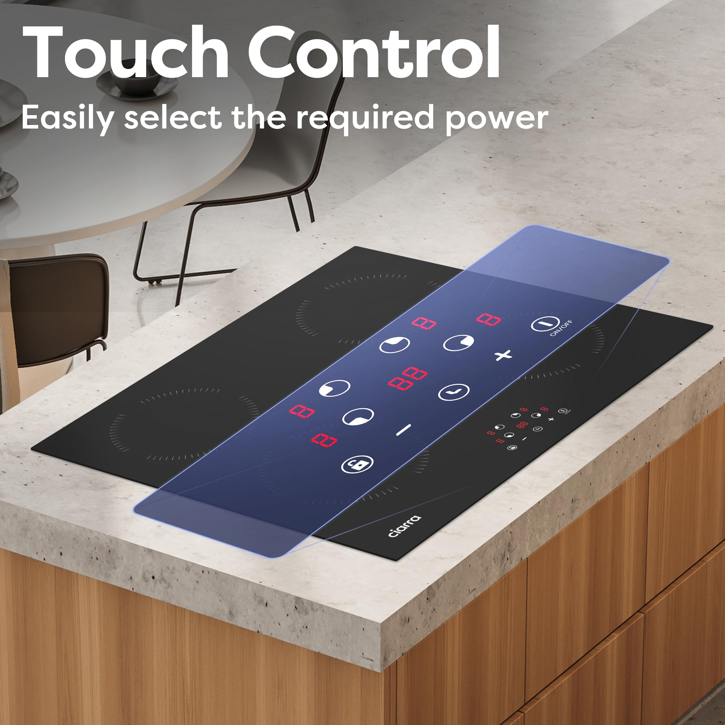 Ciarra Placa Induccion 4 Zonas 6000W 60cm | Limitador de Potencia 2,8/3,5/6kW, Bloqueo Infantil, Detector de Recipientes, Calor Residual, Apagado Automático