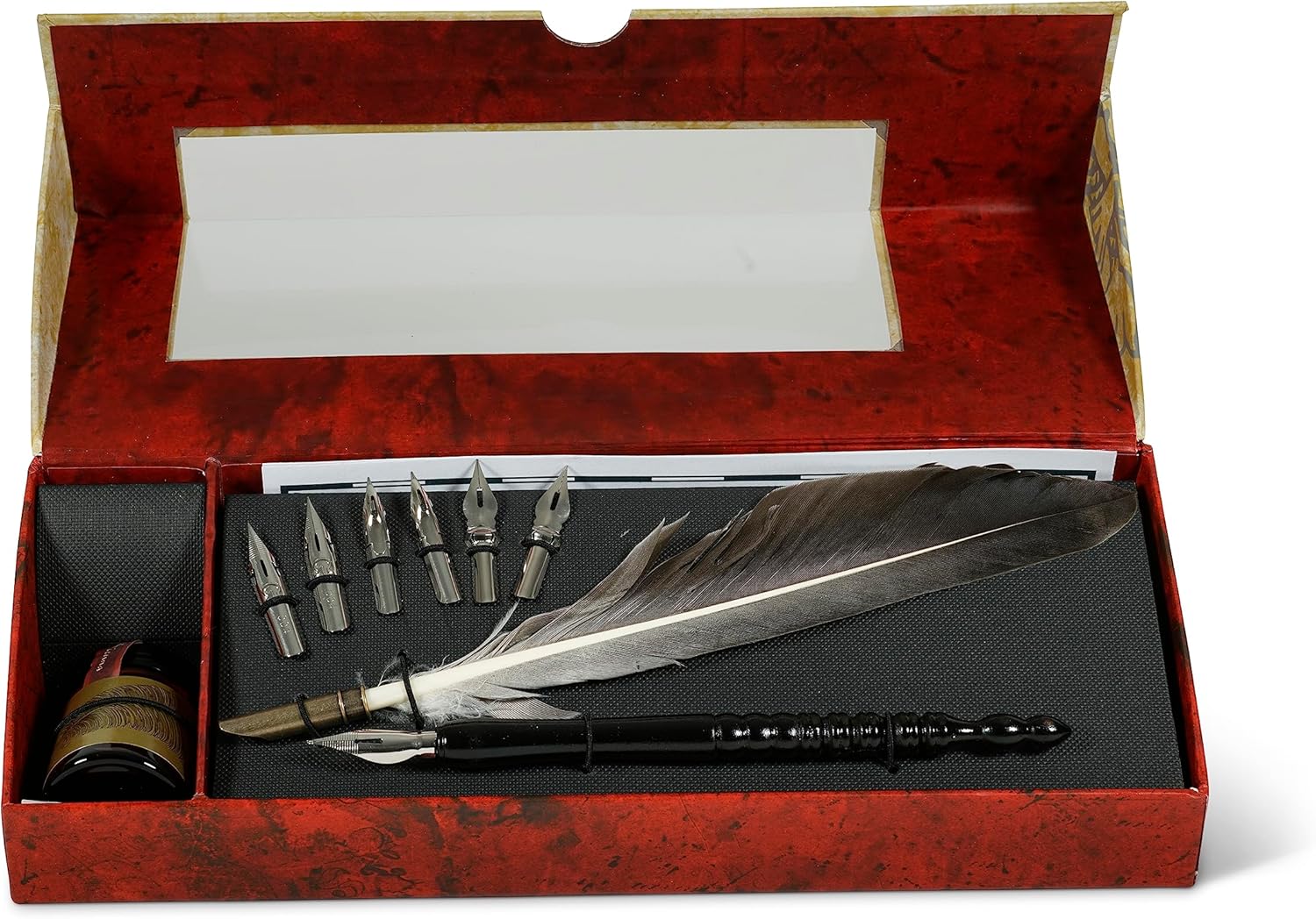 Authentic Models Feather Pen Set - An Assortment of Early Writing Instruments, Including Ink, Brass Nibs, a Wood Pen, and a Feather - Perfect for Calligraphy