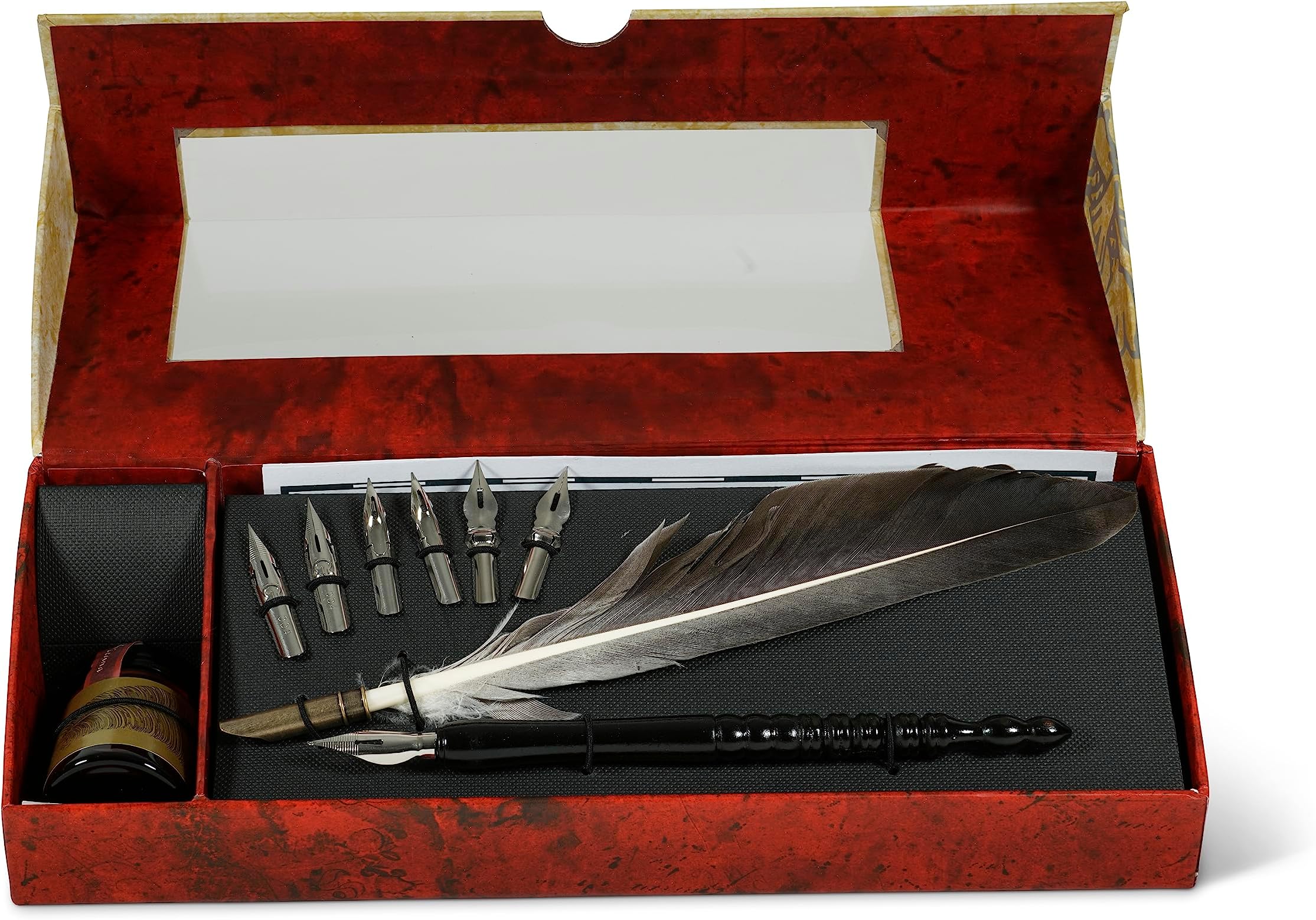 Authentic Models Feather Pen Set - An Assortment of Early Writing Instruments, Including Ink, Brass Nibs, a Wood Pen, and a Feather - Perfect for Calligraphy
