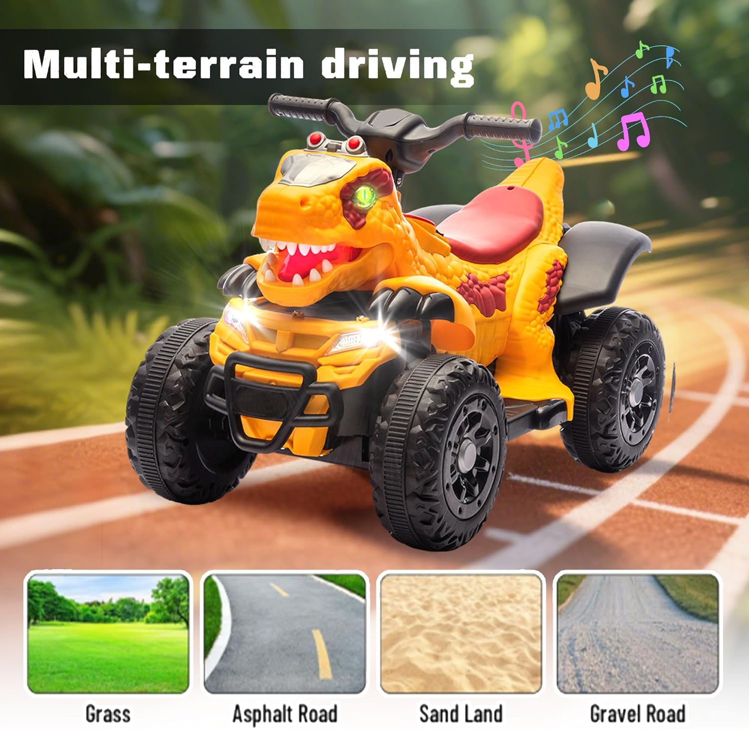 Bluefun Dinosaur Electric Ride On ATV 4 Wheeler for Kids,12V ATV Electric Car with Music,Bluetooth & LED Lights,Birthday Gift for Ages 3 (Yellow)
