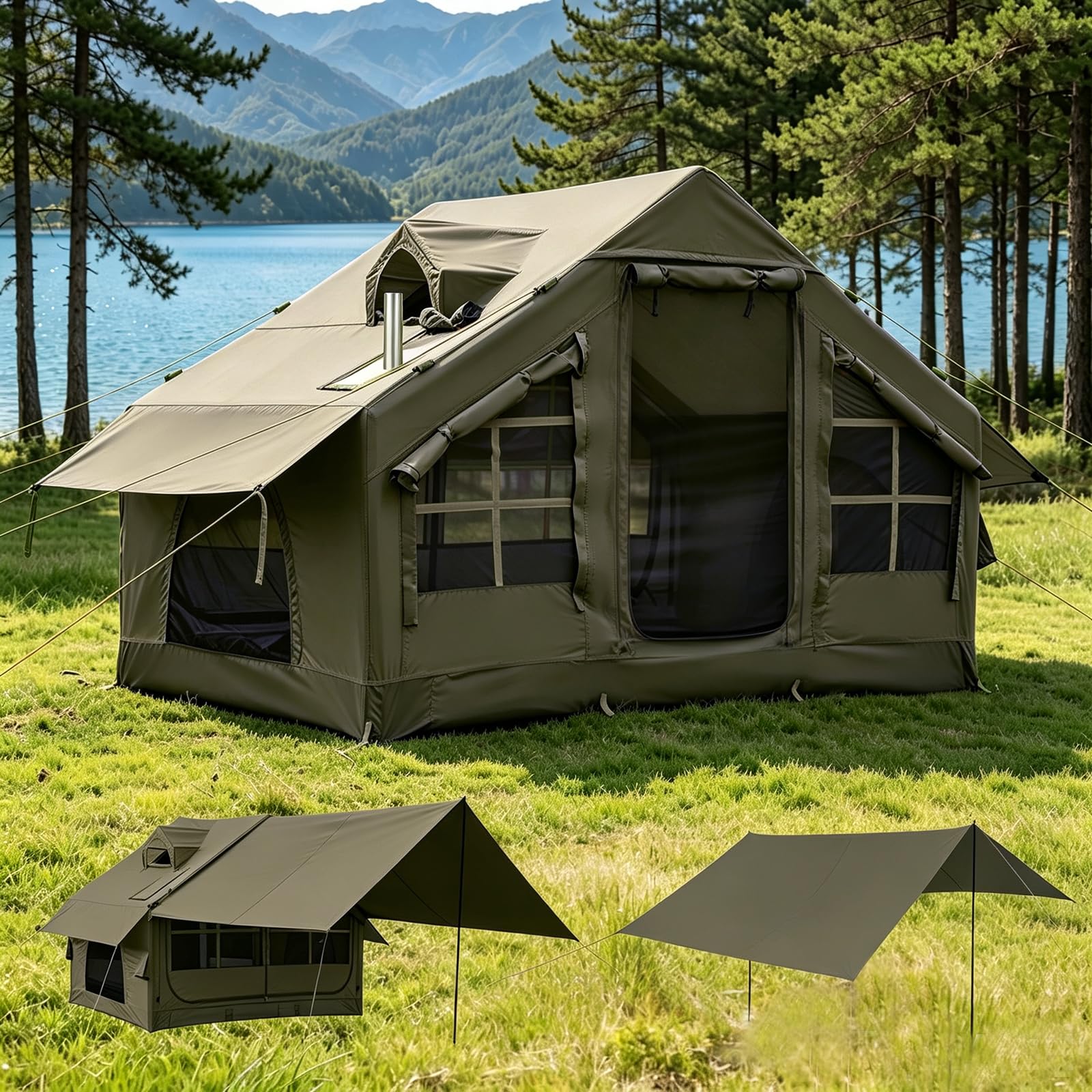 Inflatable Camping Tent 2/4/6 Person, Fast 5-Min Inflate with Hand Pump, Waterproof UV Resistant PVC Blow Up Glamping Tent with Special Shaped Rainproof Breathable Window for Family Weekend Trip