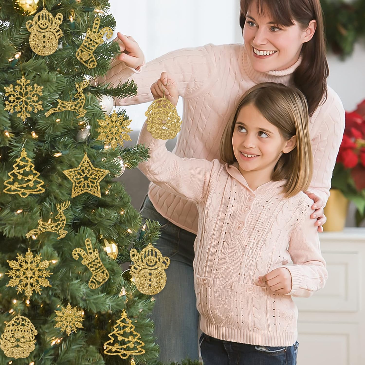 Gold Snowflake Ornament for Christmas Tree Decorations - 42pcs Plastic Glitter Gold Snowflakes Sock Reindeer Santa Snowman Assorted Sizes Hanging Decorations for Winter Wonderland Xmas Tree Decor