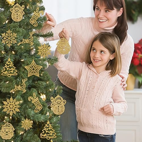 Miniatura 2 de Adorno de copo de nieve dorado para decoración de árbol de Navidad, 42 piezas de plástico con purpurina dorada, calcetín de copos de nieve dorados,