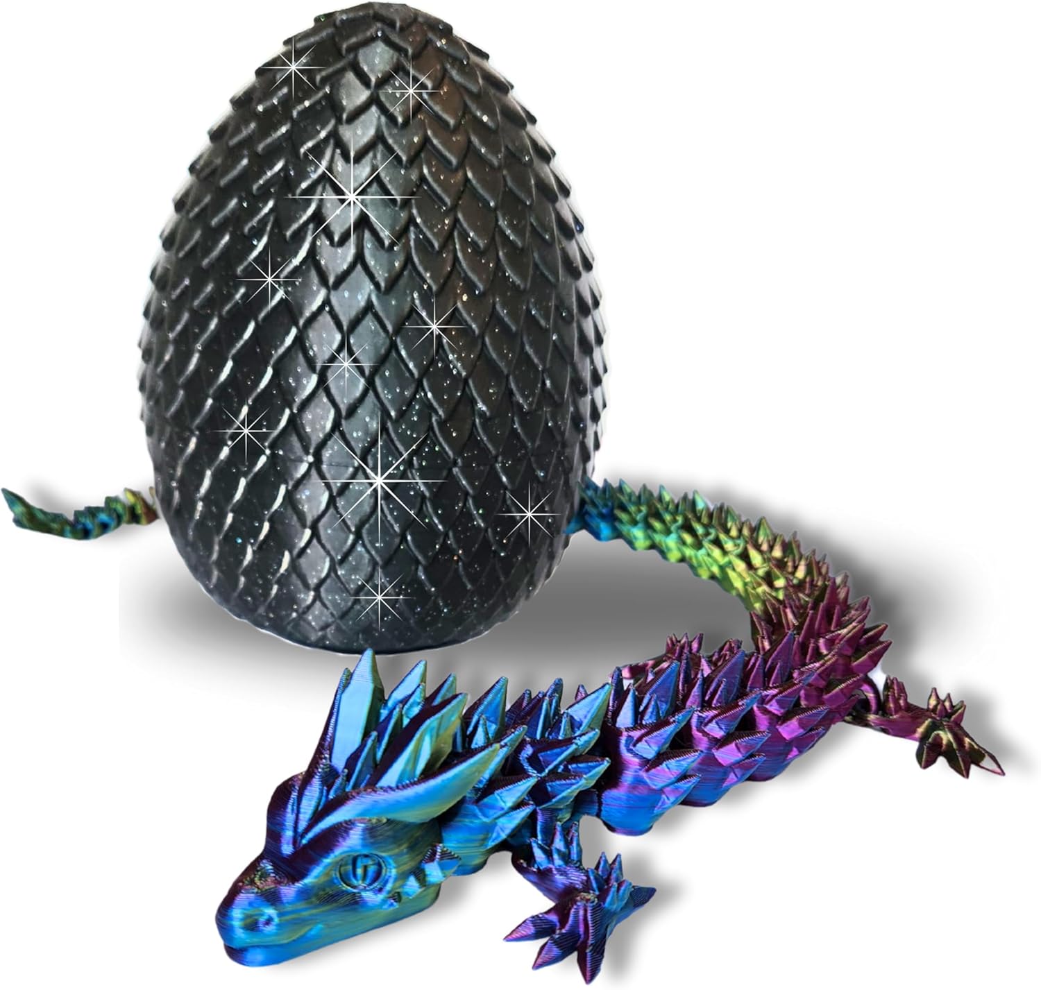 20" Articulated 3D Printed Dragon – Color-Changing Fidget Figurine, Mythical Figure, Made in USA, 3D Printed Toys - Valentines Day Gift for Boys and Girls (Rainbow with Black Egg)