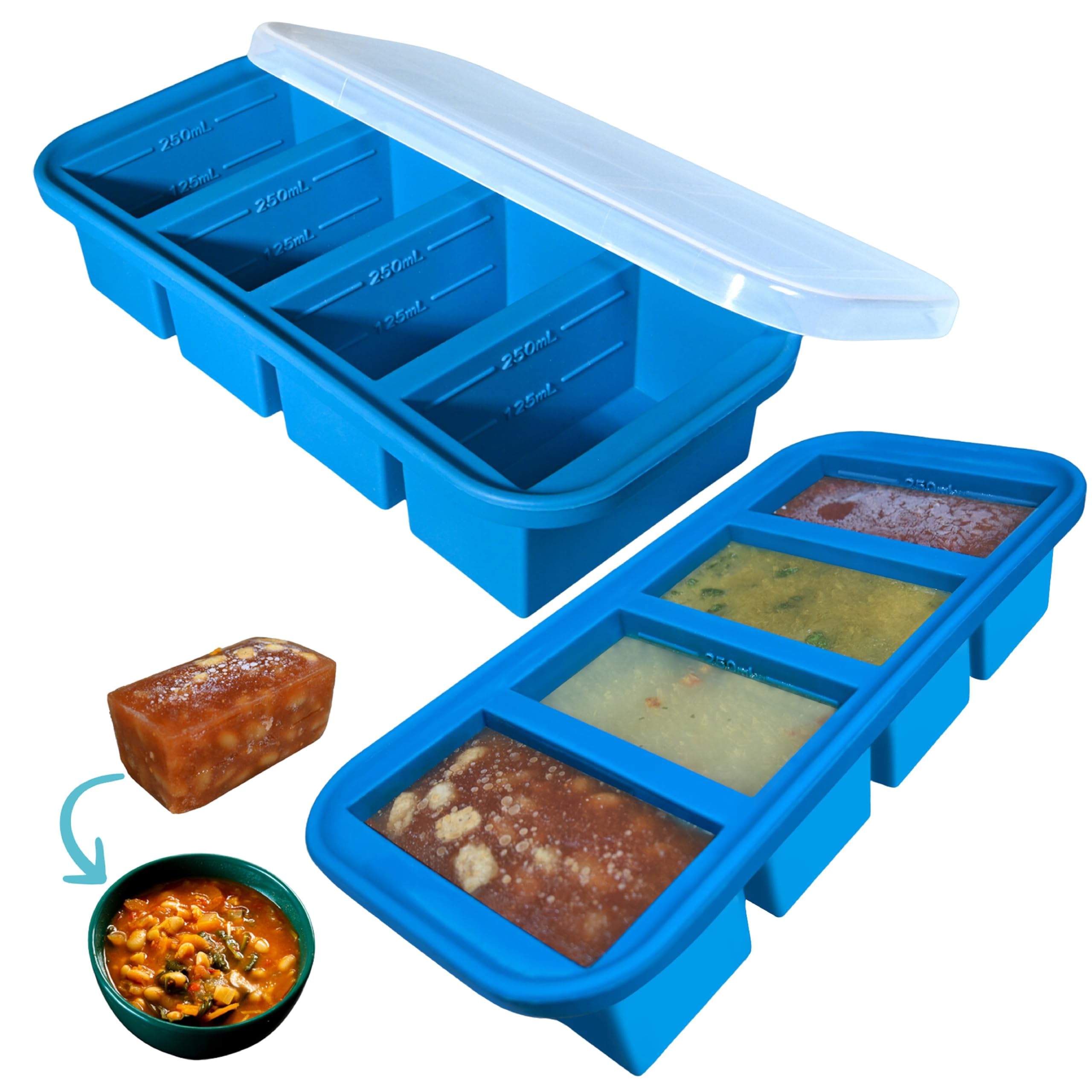 Sandunes Silikon-Gefrierformen für 1 Tasse, Suppenwürfel, perfekt zum Einfrieren von Suppe, Soße, Reis, Resten und mehr, Silikon-Gefrierschalen mit Deckel für die Zubereitung von Mahlzeiten, Blau, 2 Küche, Haushalt & Wohnen