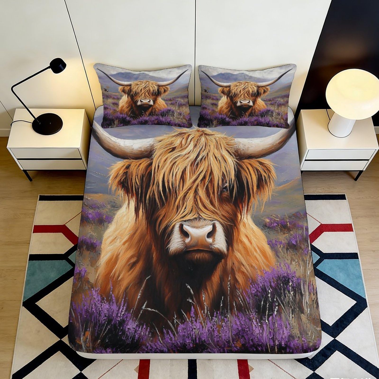 3D Printed Highland Cow Fitted Sheet Microfiber Soft Anti-Slip Lavender Field Mattress Cover for Bedroom Dorm Decor 90x200x25cm