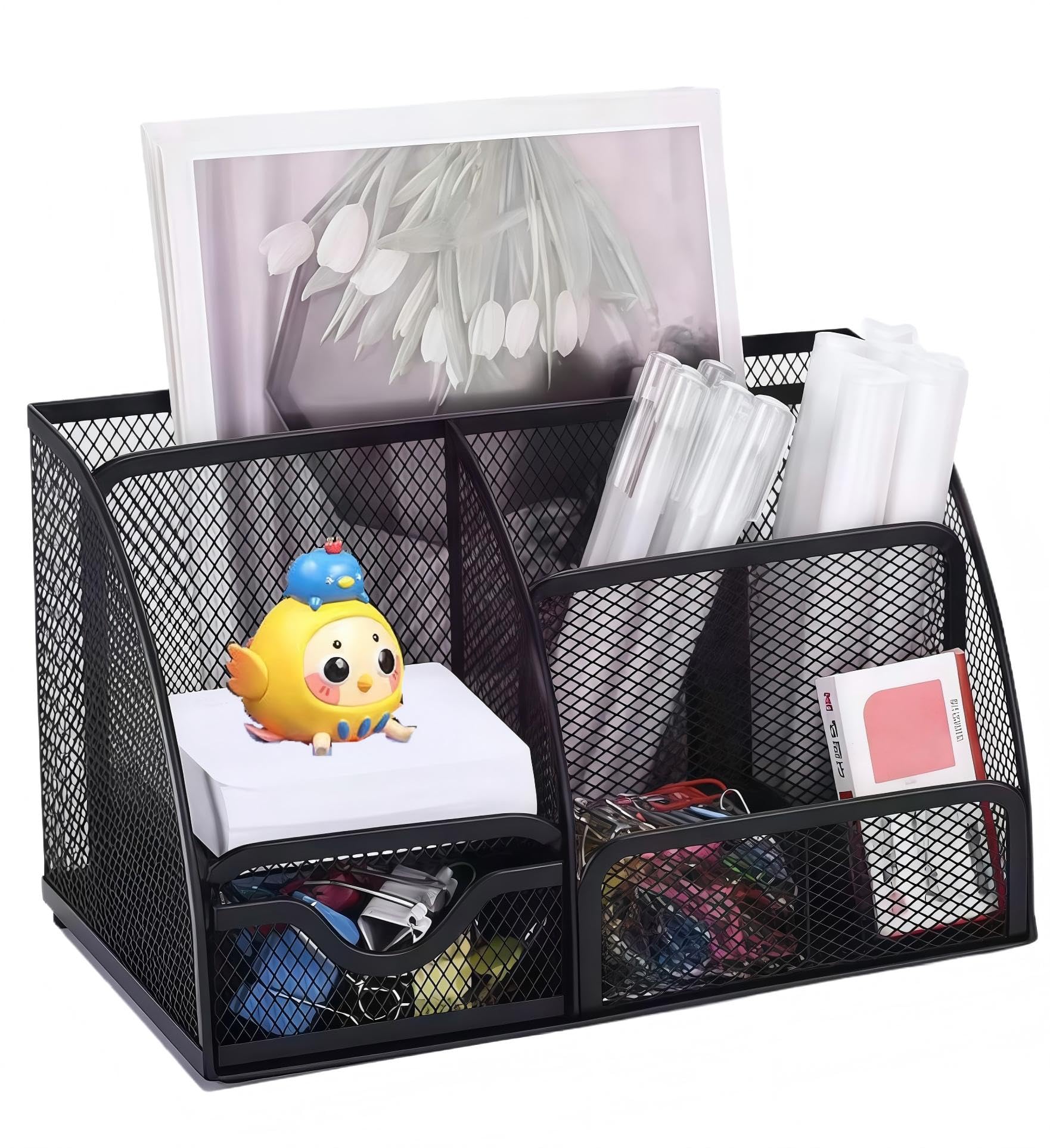 Schreibtisch Organizer,Bleistifthalter auf dem Schreibtisch, Stifte organizer schwarz, 7 Stifte organizer mit schubladen,Stiftehalter Metallgewebe,ZF1016 Büro organizer