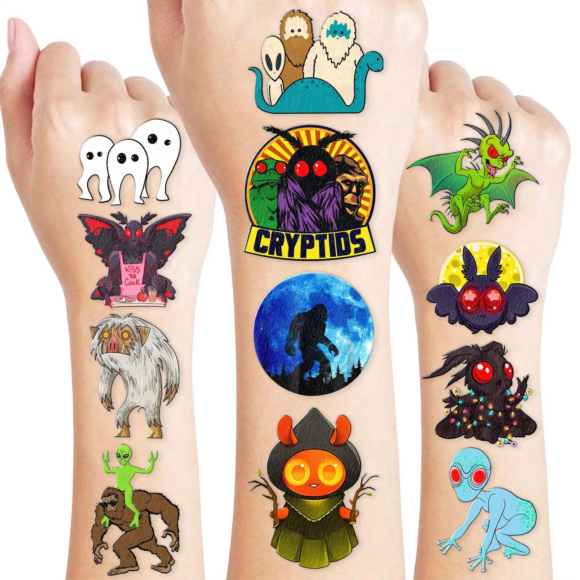 96PCS Cute Cryptid Temporary Tattoos for Kids Boys Girls | Halloween Birthday Party Decorations Supplies Favors Decor Cool Alien Bigfoot Mothman Yeti