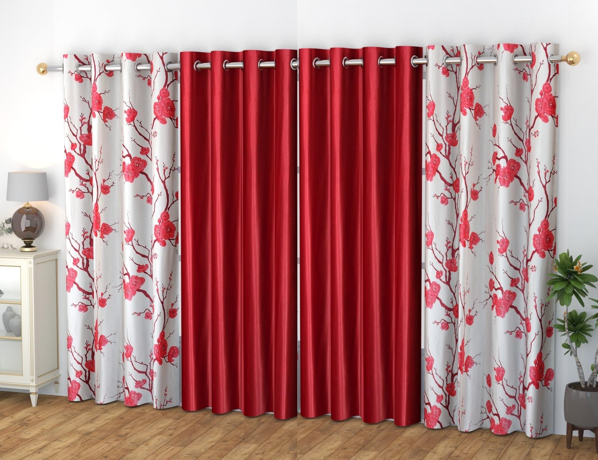 YUKANY Modern Eyelet Flower Printed Window Curtains Set of 4 Pcs. (2 Flower + 2 Plain) - Maroon Red, 8 Feet (B08Q7XCW7F) Amazon Price History, Amazon Price Tracker