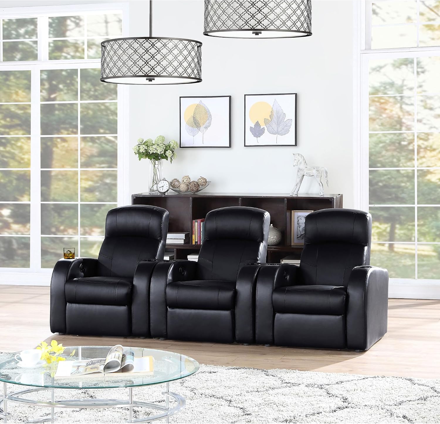 Geelife Cyrus Black 3-Seater Home Theater Recliner with Upholstered