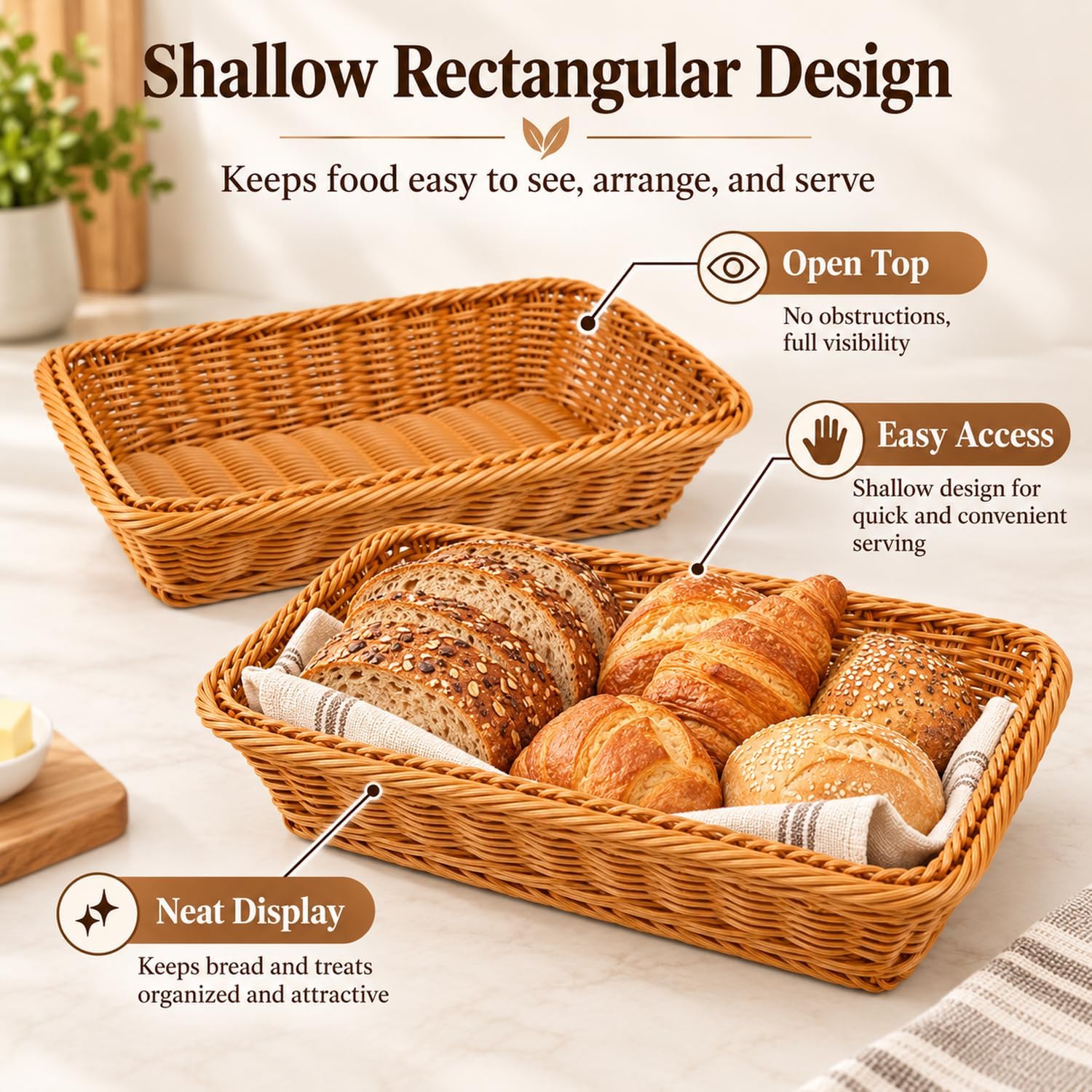 2 Pack Wicker Bread Baskets, 12 Inch Rectangular Serving Trays