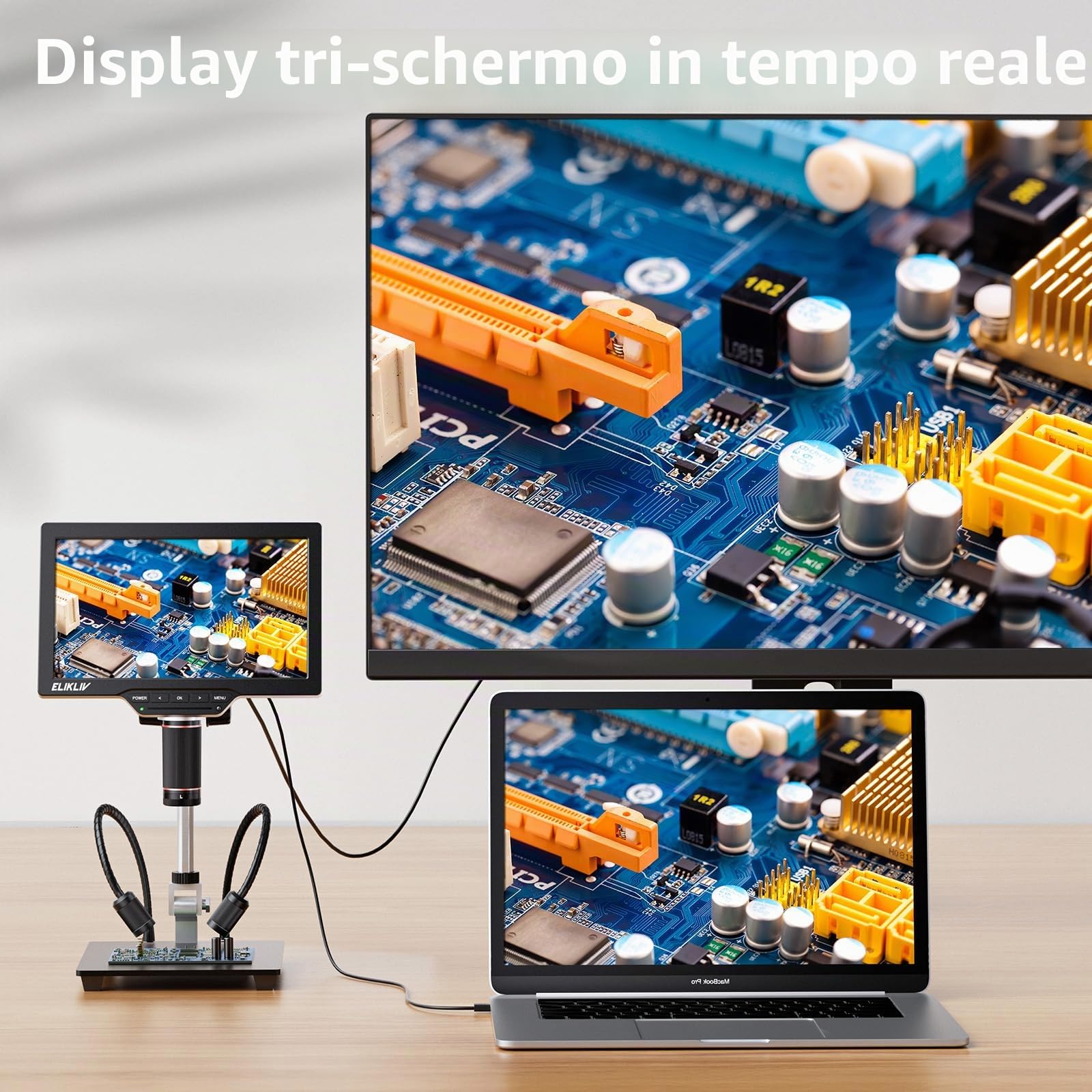 Elikliv Microscopio Digitale 4K per Saldatura: TL301 Max con Lenti Magnetiche 3-in-1, Schermo IPS da 10,1", Luci Laterali, Supporto da 10", Compatibile con PC/TV, 64 GB