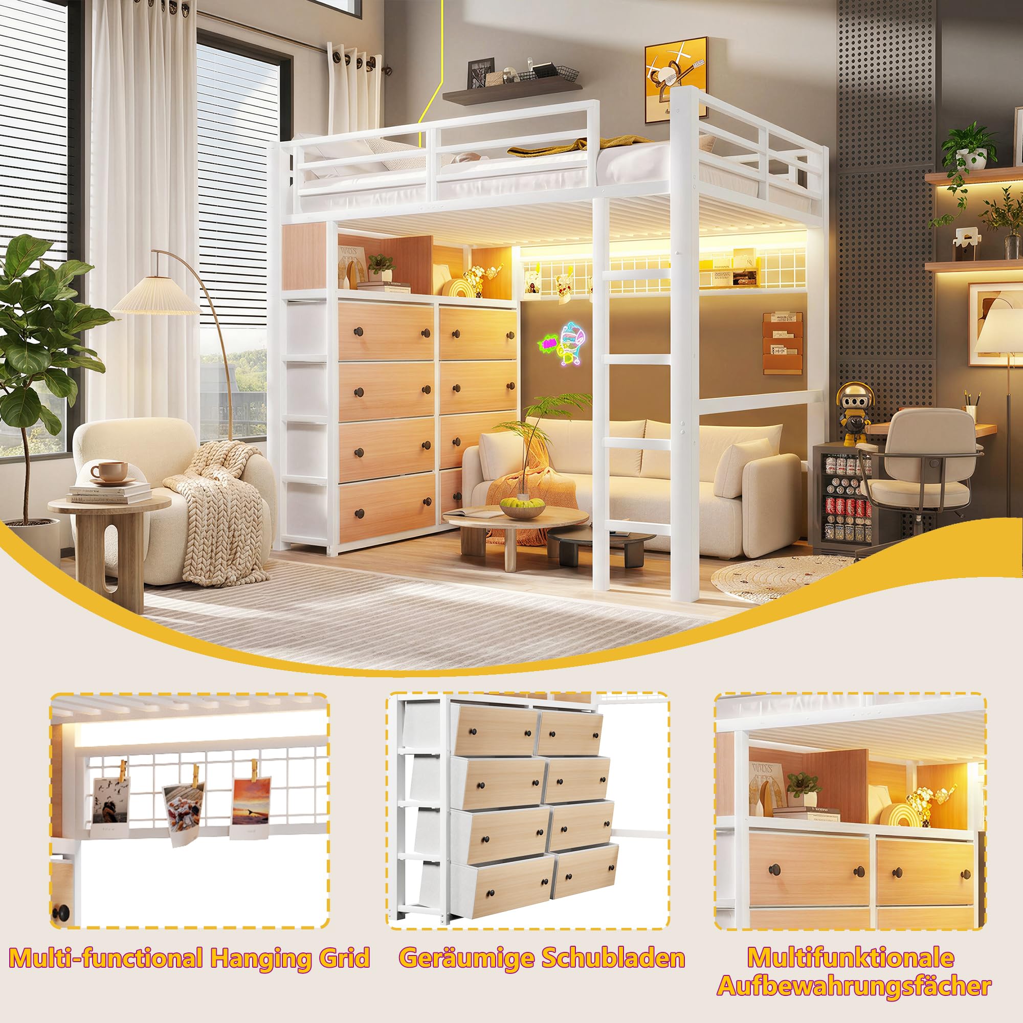 BTM Metall Hochbett 140x200 mit Modulares Schubladen Stauraum Hochbett Jugendliche mit LED, Regalen und Lochwand, Weiß
