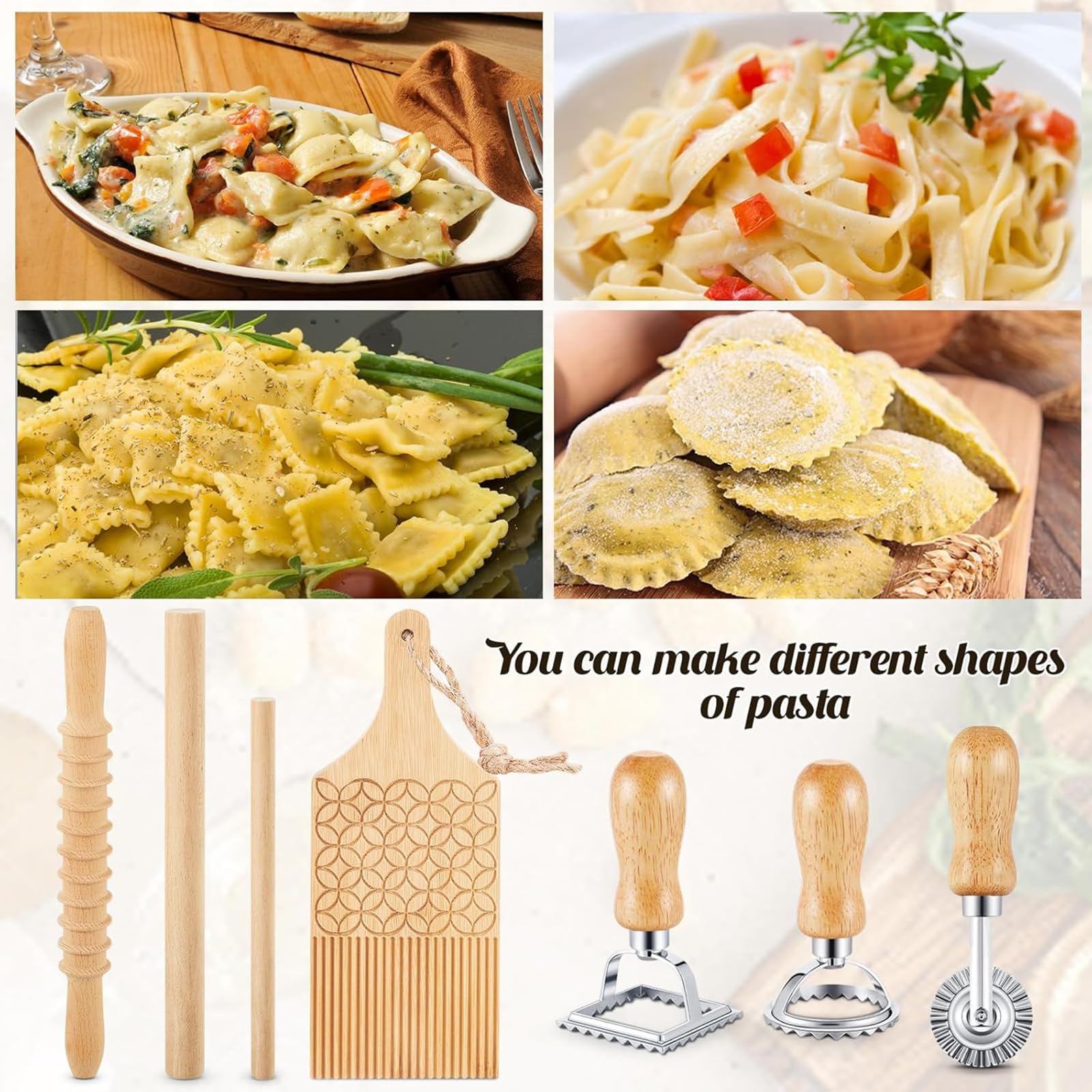 Juego para Hacer ñoquis y ravioles Incluye Tablero de Madera, Rodillo, Juego de pastas Hechas a Mano, Adecuado para Uso doméstico y en la Cocina, Sello para ravioles