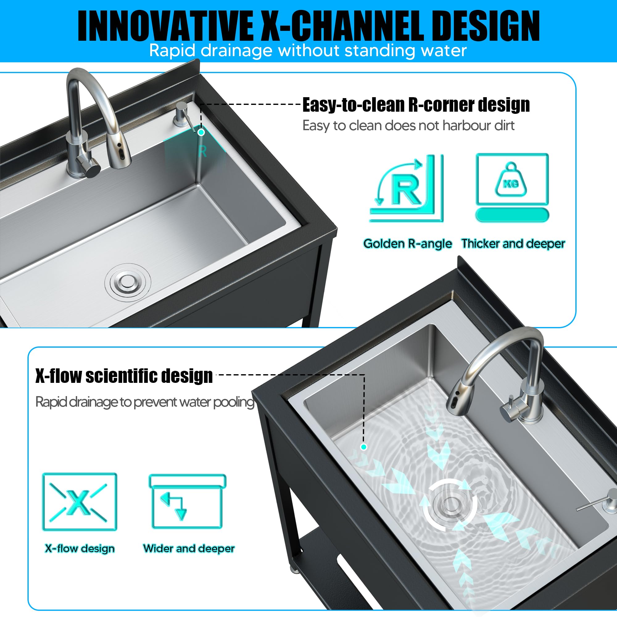 Évier de Cuisine Professionnel en Inox 78x56x100cm - Autoportant avec Robinet et Accessoires pour Intérieur et Extérieur - Pour Cuisine, Restaurant, Garage, Jardin