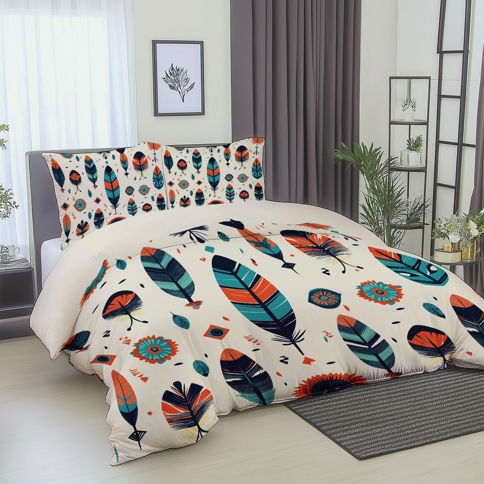 Komplet pościeli 260 x 220 cm, pościel dwustronna, z mikrofibry, w stylu boho, pióra, strzałki, poszewka na kołdrę i poszewka na poduszkę 80 x 80 cm, z zamkiem błyskawicznym, biała