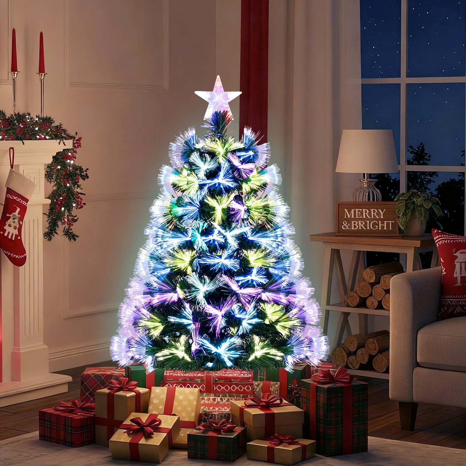 COSTWAY Sapin de Noël à Fibre Optique 95 CM, Sapin Artificiel Pré-éclairé avec 93 Branches, Étoile de Sommet & Pied Métallique Pliable, Arbre Lumineux pour Fêtes de Maison, Bureau, Carnaval