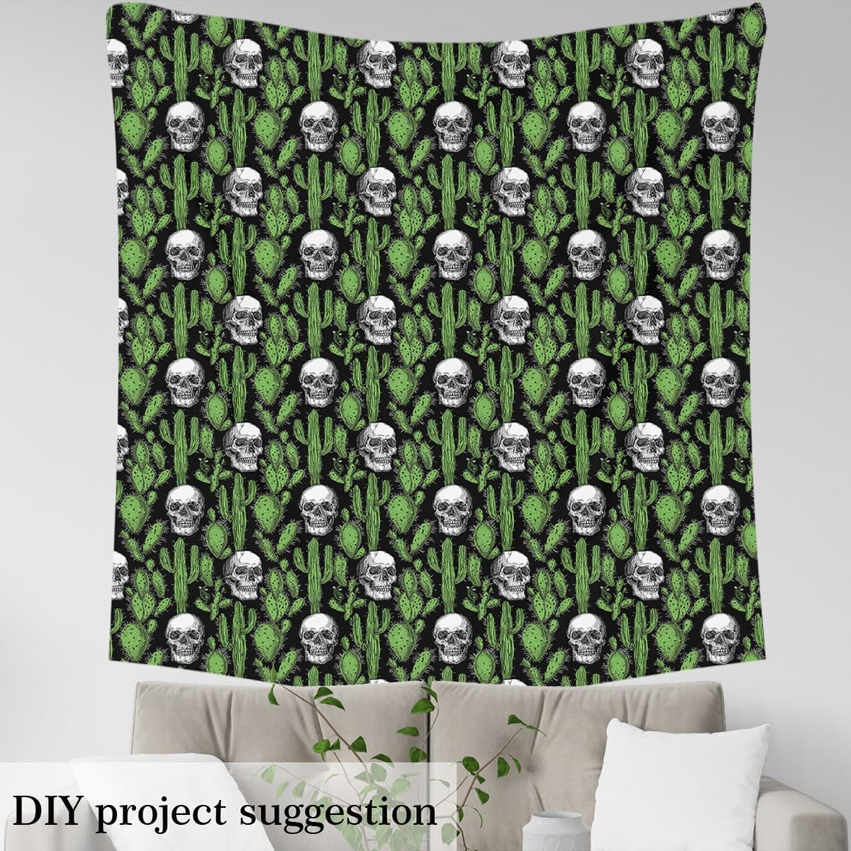 Feelyou Cactus Fabric by The Yard, Tropical Boho Plants Skull Pattern Upholstery Fabric for Chairs Sofa Couch, Exotic Natural Theme Human Skeleton Outdoor Fabric Waterproof, 5 Yards