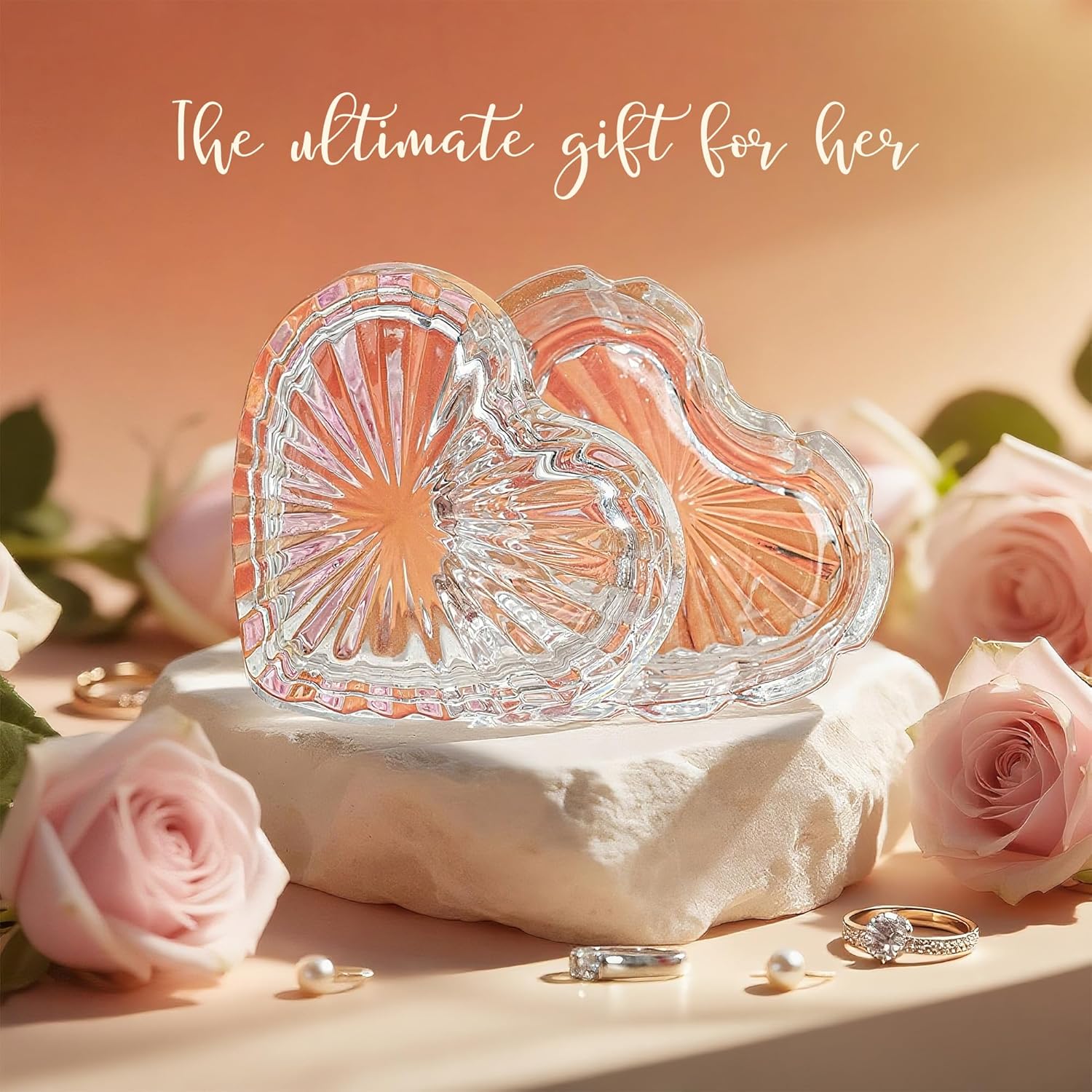 kanpura Clear Glass Jewelry Box Heart Shape Cute Box for Storage Ring Earring Trinket Vintage Decorative Glass Jar with Lid Christmas Gift for Women, Mom - Image 2