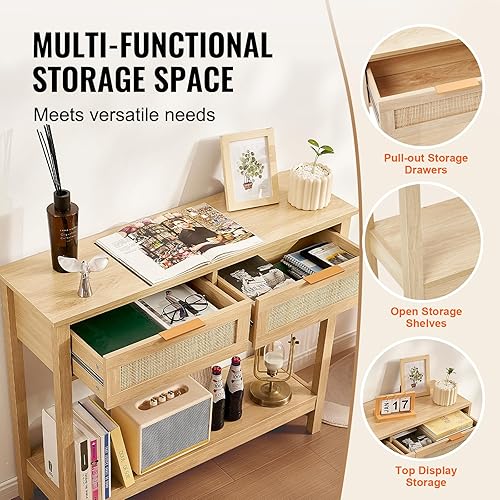 Miniatura 4 de VEVOR Mesa consola de ratán con 2 cajones de almacenamiento, mesa de entrada de ratán con puerta corredera de ratán natural, mesa de sofá para sala