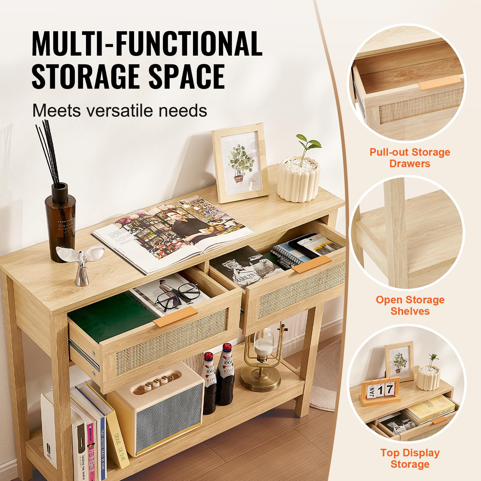 VEVOR Tavolo Consolle in Rattan con 2 Cassetti Portaoggetti, Tavolo Ingresso con Porta Scorrevole in Rattan Naturale, Tavolo Consolle Divano per Soggiorno, Studio, Ingresso o Parete TV, Naturale