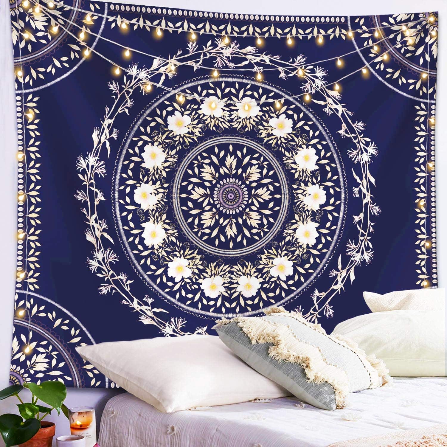 Lifeel Blue Bohemian Tapestry Wall Hanging, Mandala Floral Medallion Hippie Tapestry with White Aesthetic Wreath Design, Navy Wall Decor Blanket for Bedroom Home Dorm, Large 68×80 inches