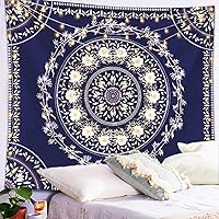 Vista 4 de Lifeel - Tapiz bohemio azul para colgar en la pared, tapiz hippie de mandala, medallón floral con diseño de corona estética blanca, manta decorativa