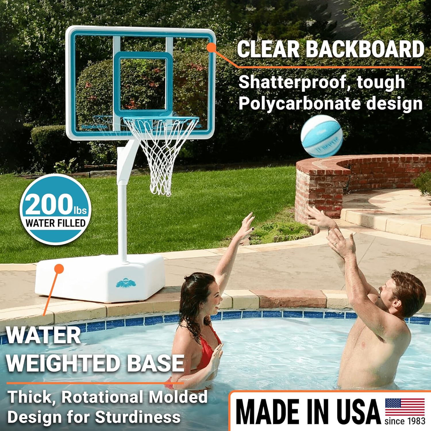 Dunn-Rite Splash & Shoot Pool Basketball Hoop, Adjustable Height Backboard – 200lbs Water-Filled Base, Stainless Steel Rim & Waterproof Basketball, Made in USA, Clear Aqua