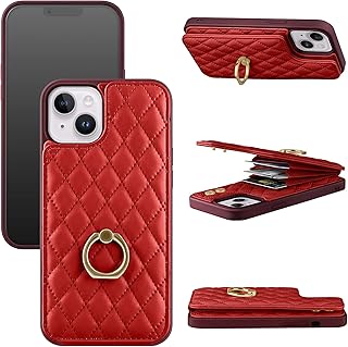 OQQE for iPhone 13 6.1 Wallet Case [RFID Blocking] Luxury PU Leather Flip Folio Cover Credit 3 Card Holder Slot 360Â°Rotation Ring Kickstand Protective Double Buttons Shockproof Men Women(Red)