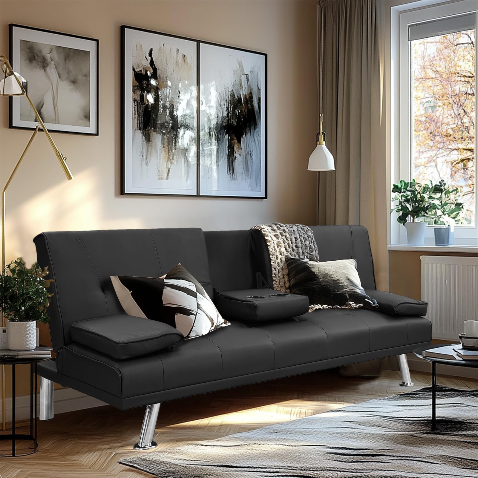 Futon Sofa Bed - Folding Convertible Sleeper Couch w/ 2 Cup Holders, Removable Armrests, Adjustable Guest Bed for Apartments Living Room